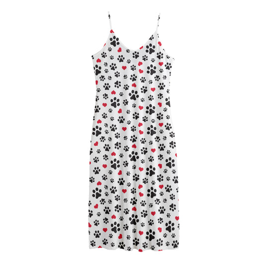 Black Paw And Heart Pattern Print Jersey Midi Cami Dress