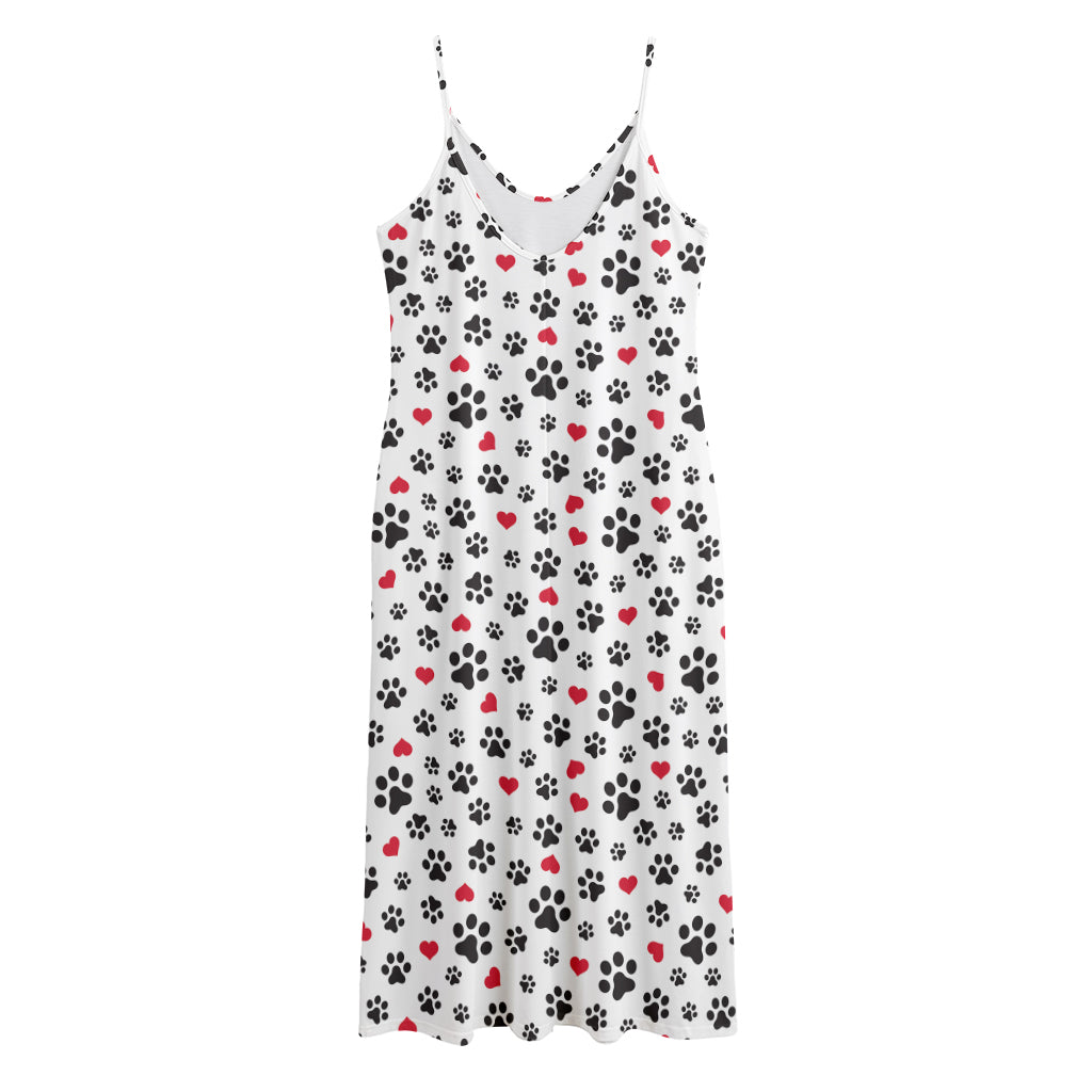 Black Paw And Heart Pattern Print Jersey Midi Cami Dress