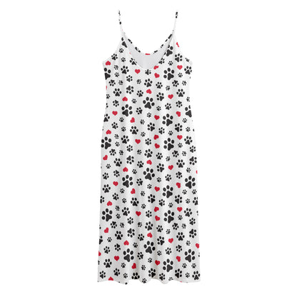 Black Paw And Heart Pattern Print Jersey Midi Cami Dress