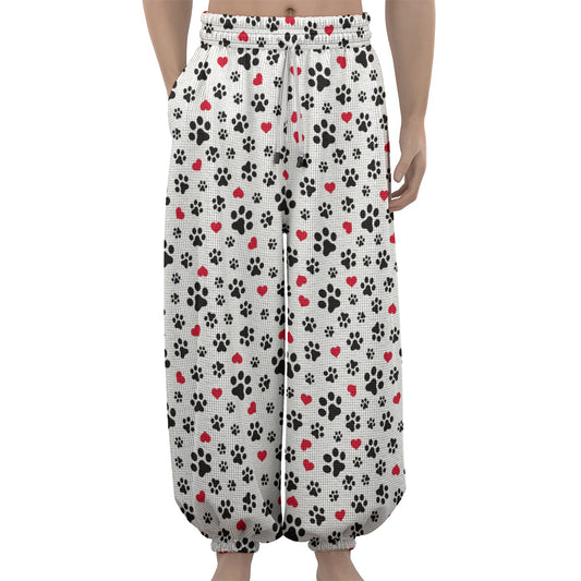 Black Paw And Heart Pattern Print Lantern Pants