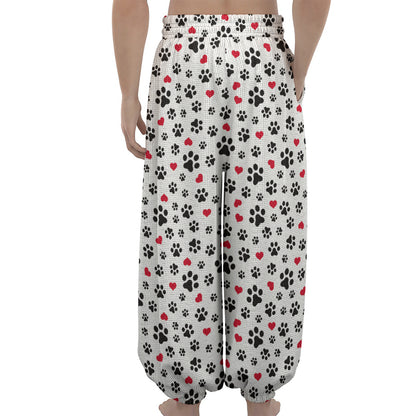 Black Paw And Heart Pattern Print Lantern Pants