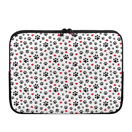 Black Paw And Heart Pattern Print Laptop Sleeve