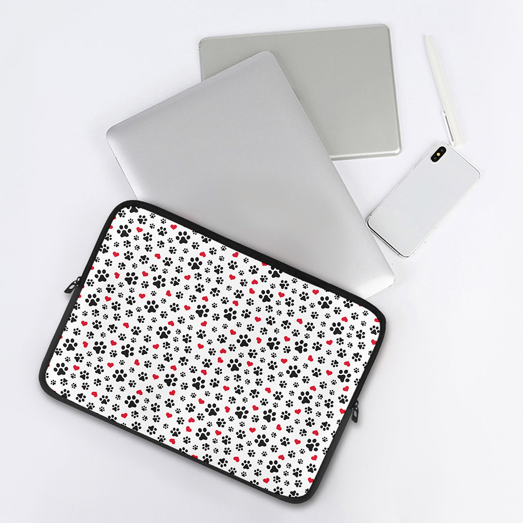 Black Paw And Heart Pattern Print Laptop Sleeve