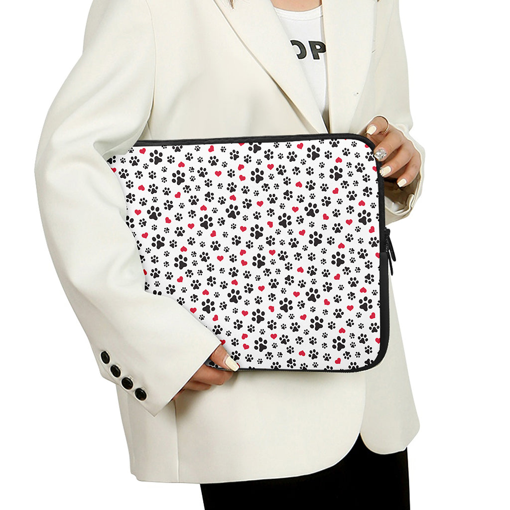 Black Paw And Heart Pattern Print Laptop Sleeve
