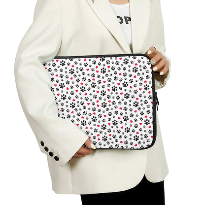 Black Paw And Heart Pattern Print Laptop Sleeve