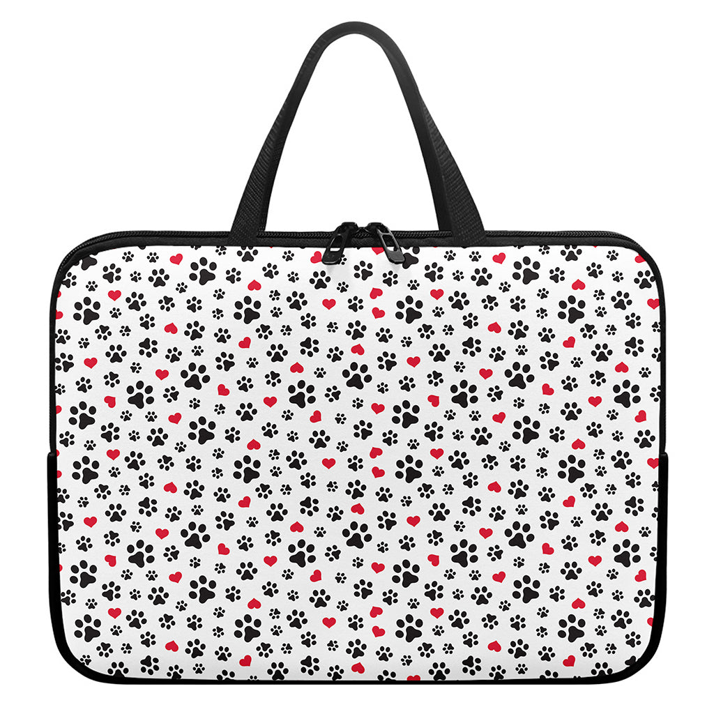 Black Paw And Heart Pattern Print Laptop Sleeve With Handle
