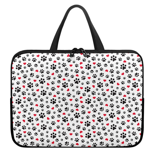 Black Paw And Heart Pattern Print Laptop Sleeve With Handle