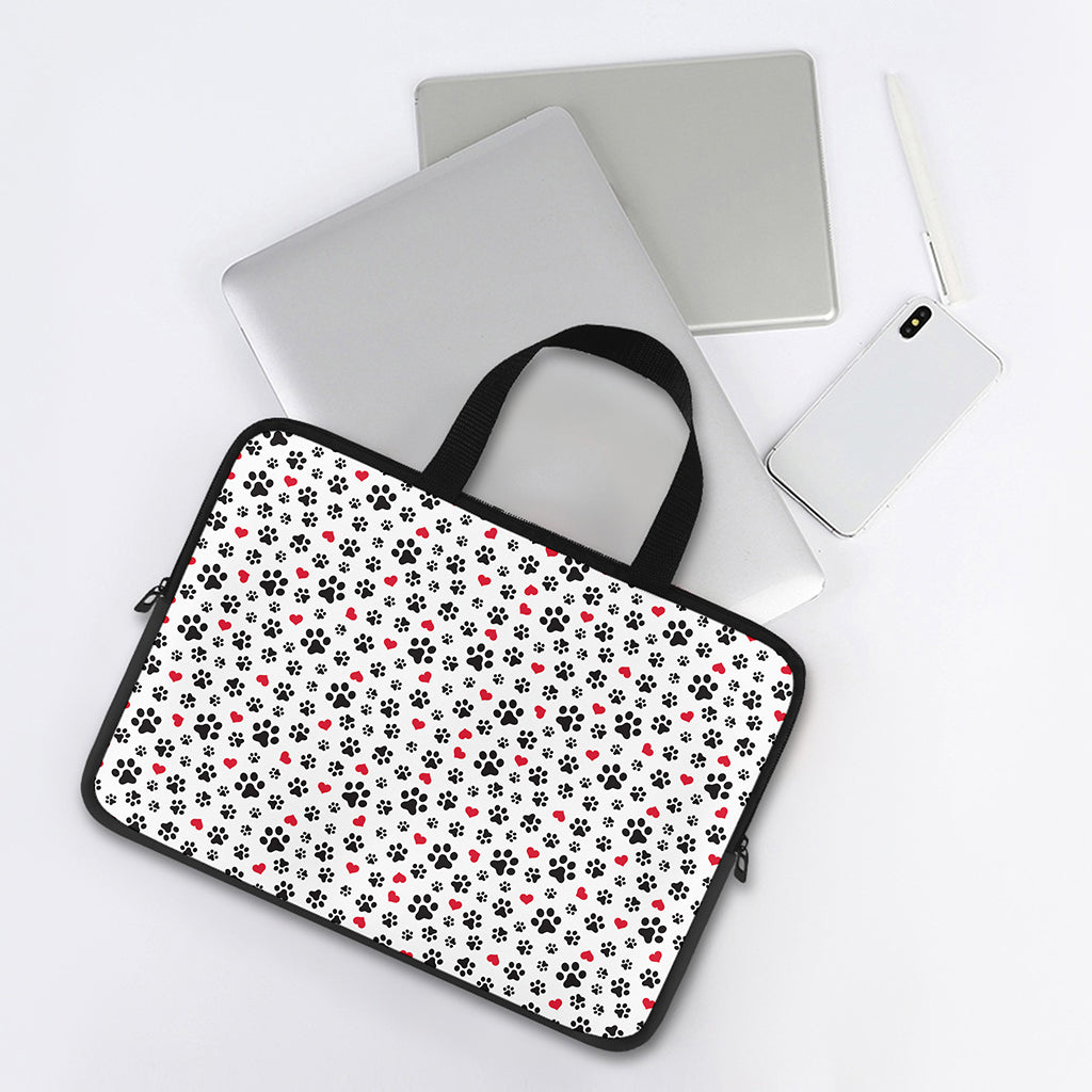 Black Paw And Heart Pattern Print Laptop Sleeve With Handle