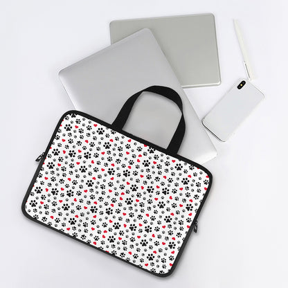Black Paw And Heart Pattern Print Laptop Sleeve With Handle