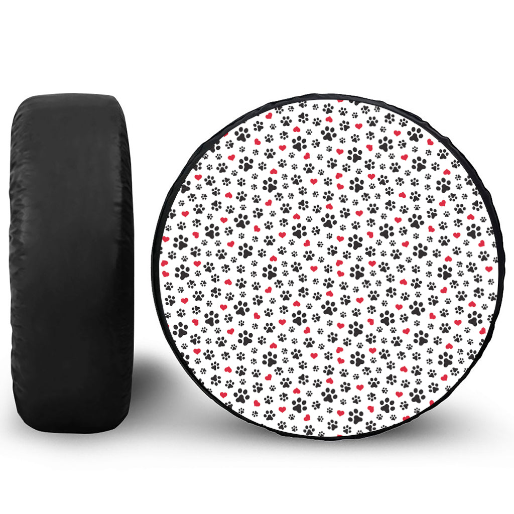 Black Paw And Heart Pattern Print Leather Spare Tire Cover