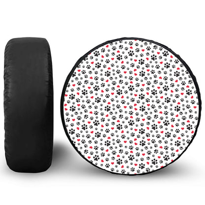 Black Paw And Heart Pattern Print Leather Spare Tire Cover