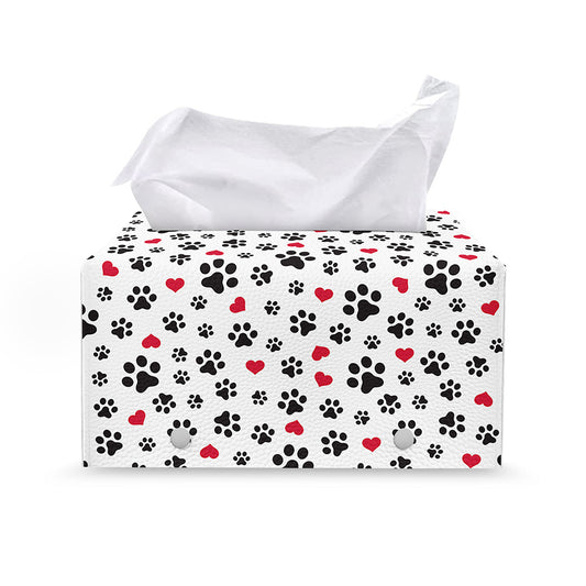 Black Paw And Heart Pattern Print Leather Tissue Box Cover