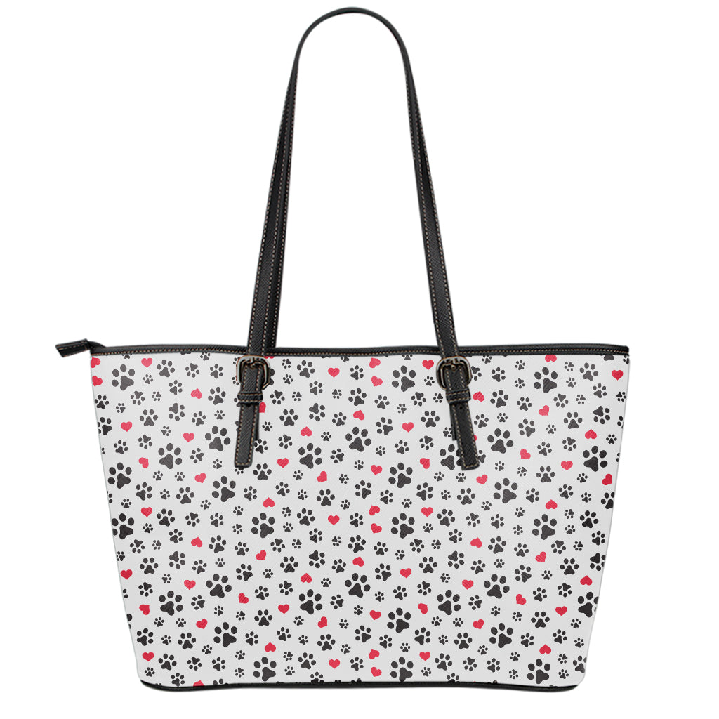 Black Paw And Heart Pattern Print Leather Tote Bag