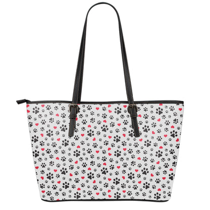 Black Paw And Heart Pattern Print Leather Tote Bag