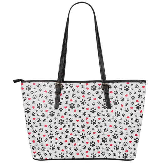 Black Paw And Heart Pattern Print Leather Tote Bag