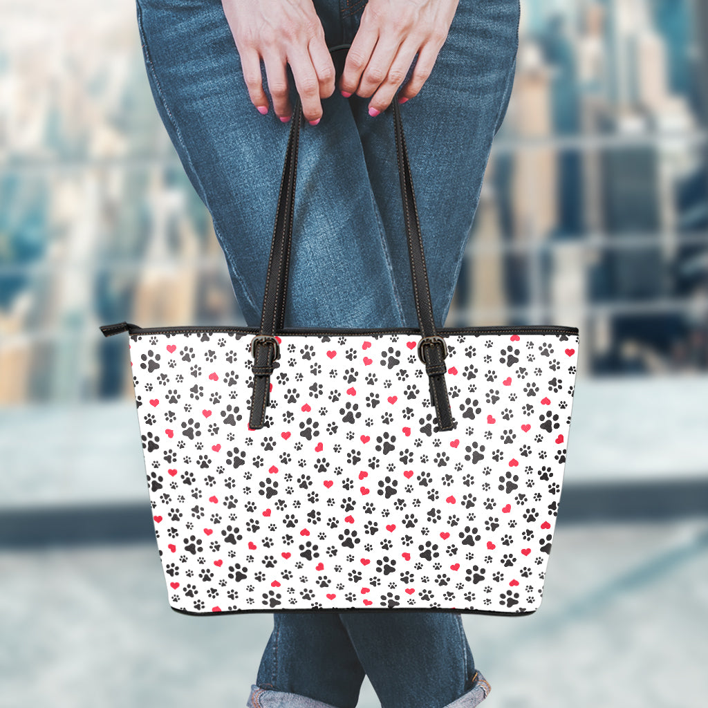 Black Paw And Heart Pattern Print Leather Tote Bag