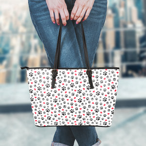 Black Paw And Heart Pattern Print Leather Tote Bag