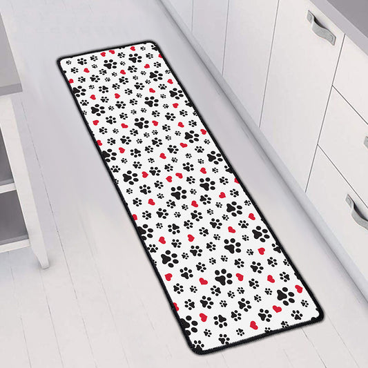 Black Paw And Heart Pattern Print Long Kitchen Mat