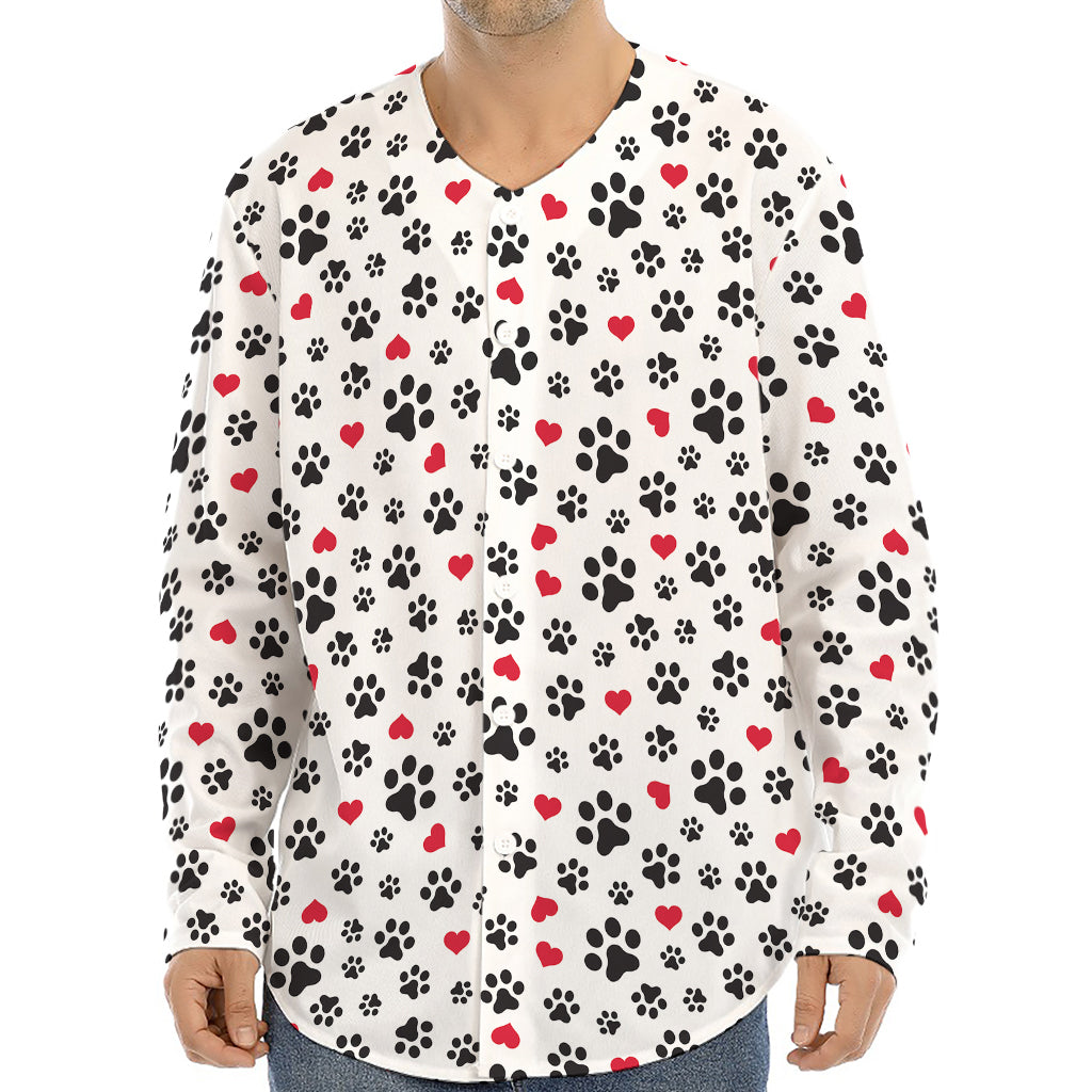 Black Paw And Heart Pattern Print Long Sleeve Baseball Jersey