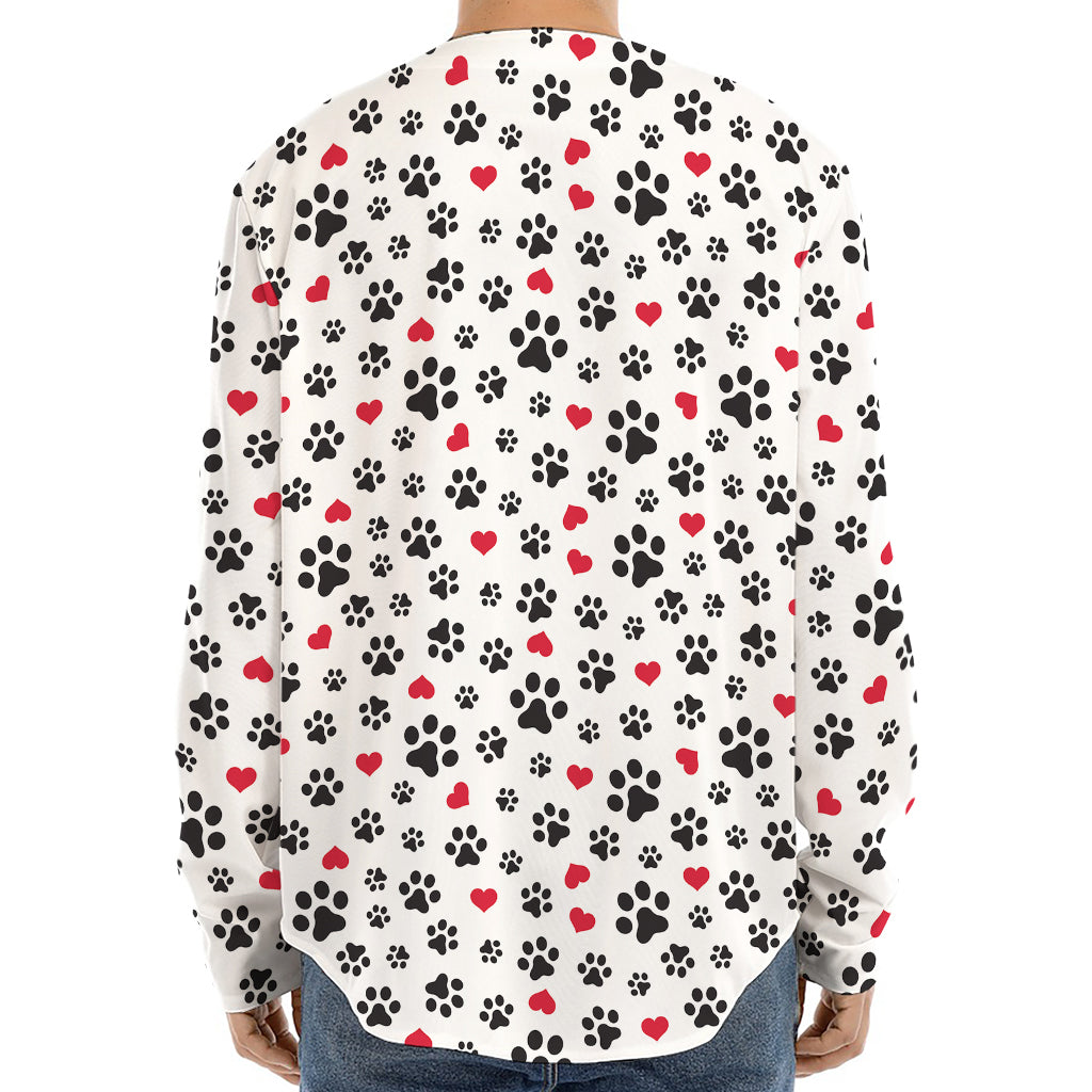 Black Paw And Heart Pattern Print Long Sleeve Baseball Jersey