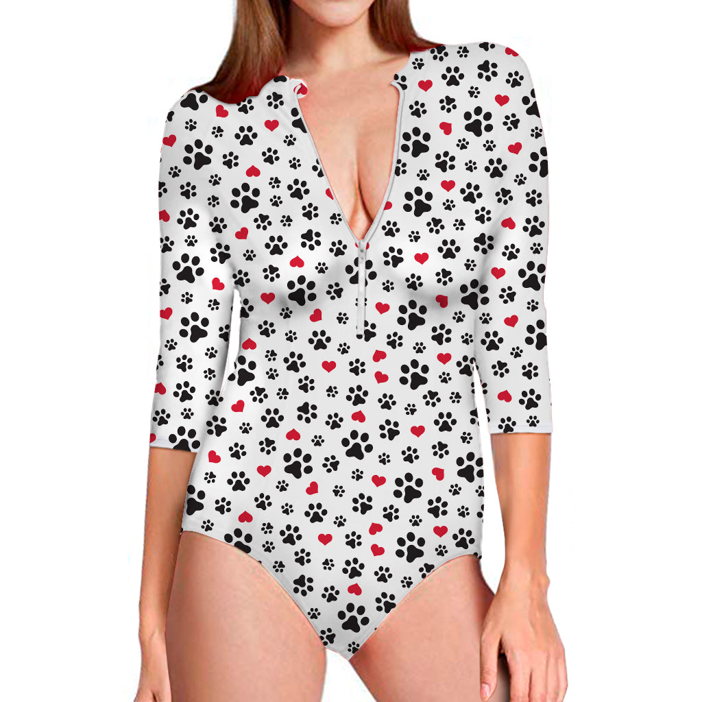 Black Paw And Heart Pattern Print Long Sleeve Swimsuit