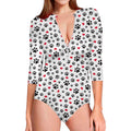 Black Paw And Heart Pattern Print Long Sleeve Swimsuit
