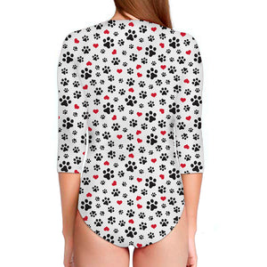 Black Paw And Heart Pattern Print Long Sleeve Swimsuit