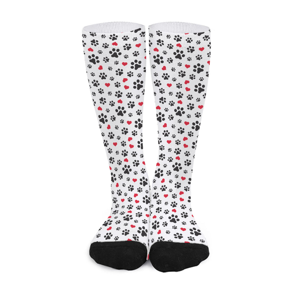 Black Paw And Heart Pattern Print Long Socks