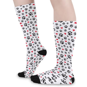 Black Paw And Heart Pattern Print Long Socks