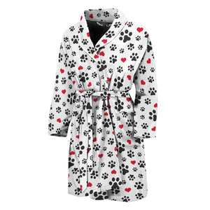 Black Paw And Heart Pattern Print Men's Bathrobe