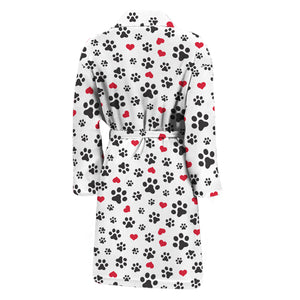 Black Paw And Heart Pattern Print Men's Bathrobe