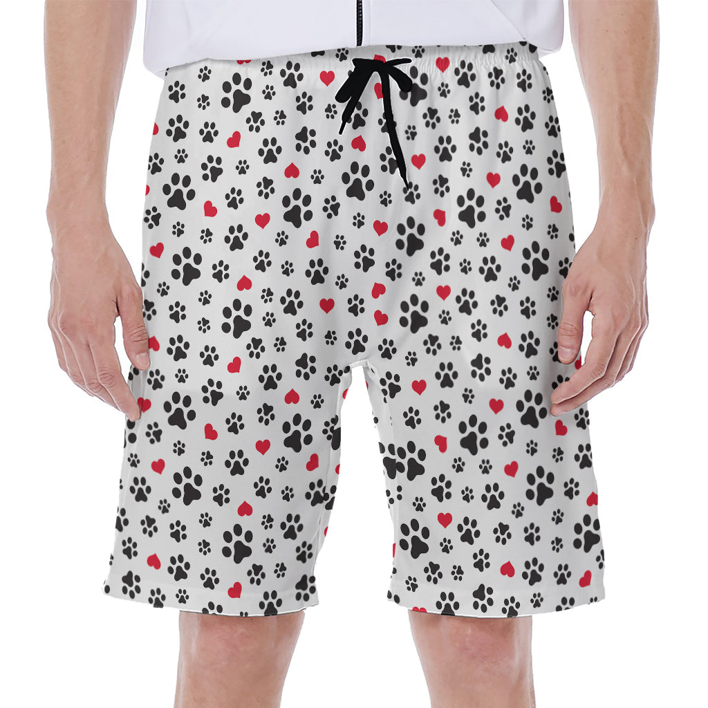 Black Paw And Heart Pattern Print Men's Beach Shorts