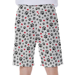 Black Paw And Heart Pattern Print Men's Beach Shorts