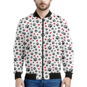 Black Paw And Heart Pattern Print Men's Bomber Jacket