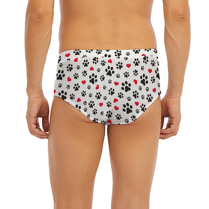 Black Paw And Heart Pattern Print Men's Briefs