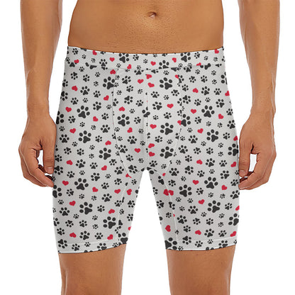 Black Paw And Heart Pattern Print Men's Long Boxer Briefs