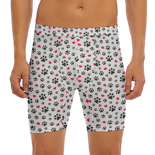 Black Paw And Heart Pattern Print Men's Long Boxer Briefs