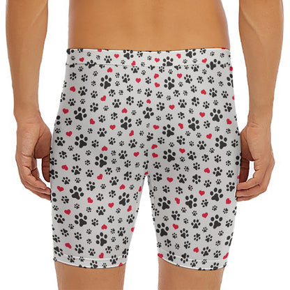 Black Paw And Heart Pattern Print Men's Long Boxer Briefs