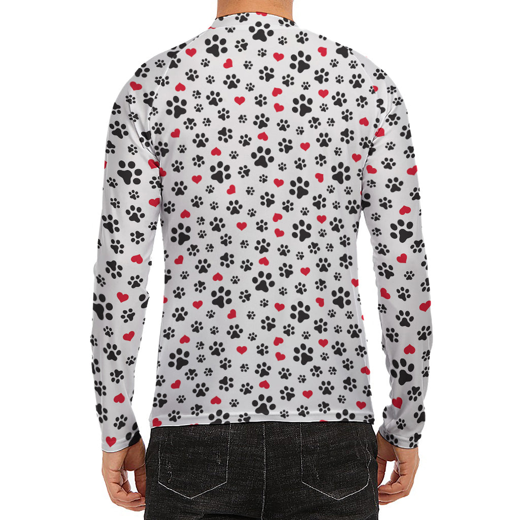 Black Paw And Heart Pattern Print Men's Long Sleeve Rash Guard