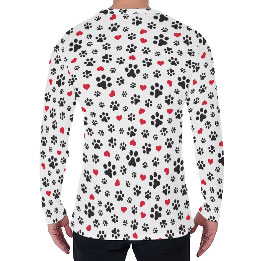 Black Paw And Heart Pattern Print Men's Long Sleeve T-Shirt