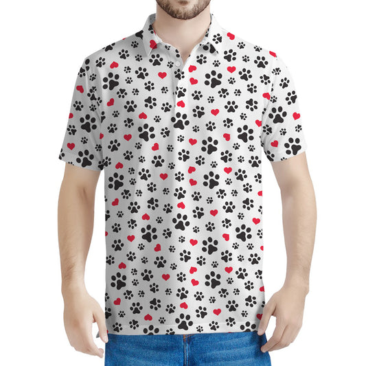Black Paw And Heart Pattern Print Men's Polo Shirt
