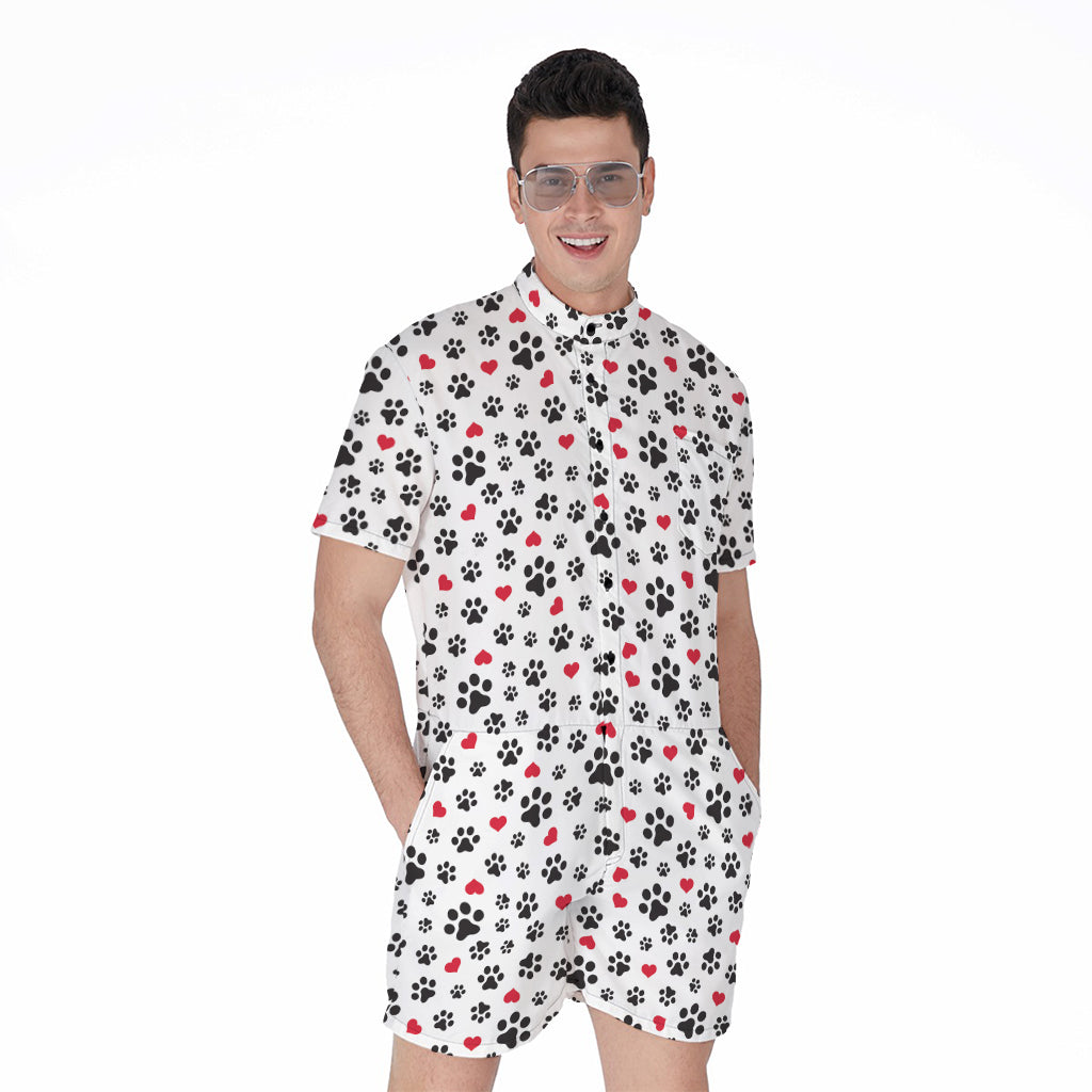 Black Paw And Heart Pattern Print Men's Rompers