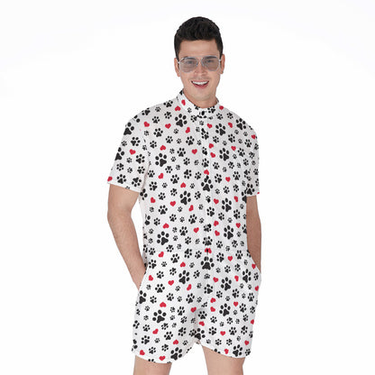 Black Paw And Heart Pattern Print Men's Rompers