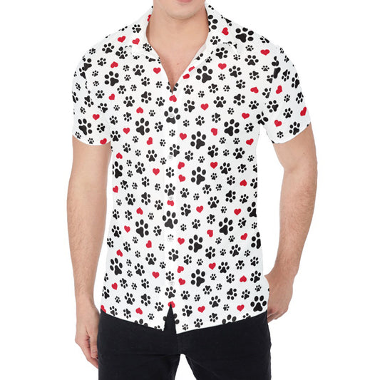 Black Paw And Heart Pattern Print Men's Shirt