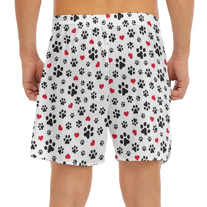 Black Paw And Heart Pattern Print Men's Split Running Shorts