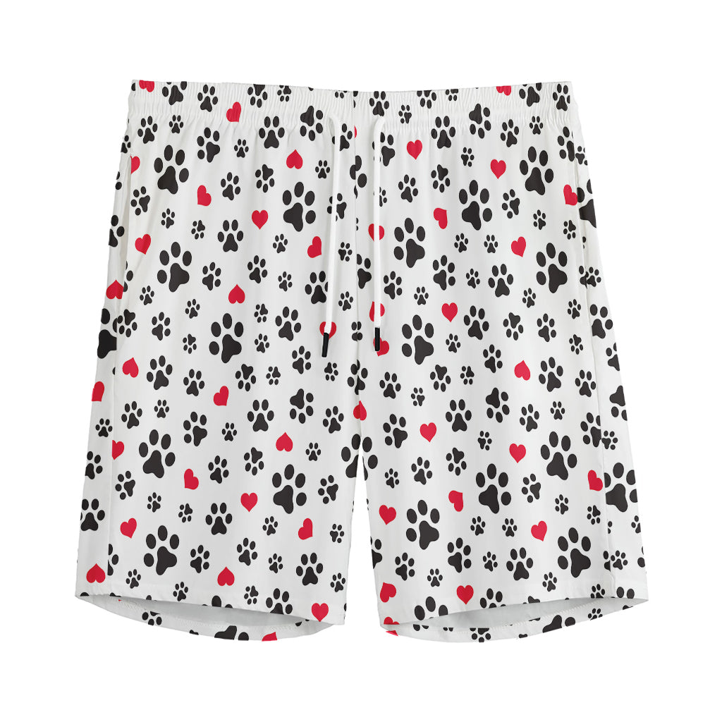 Black Paw And Heart Pattern Print Men's Sports Shorts