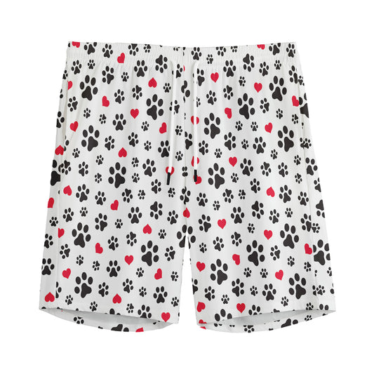 Black Paw And Heart Pattern Print Men's Sports Shorts