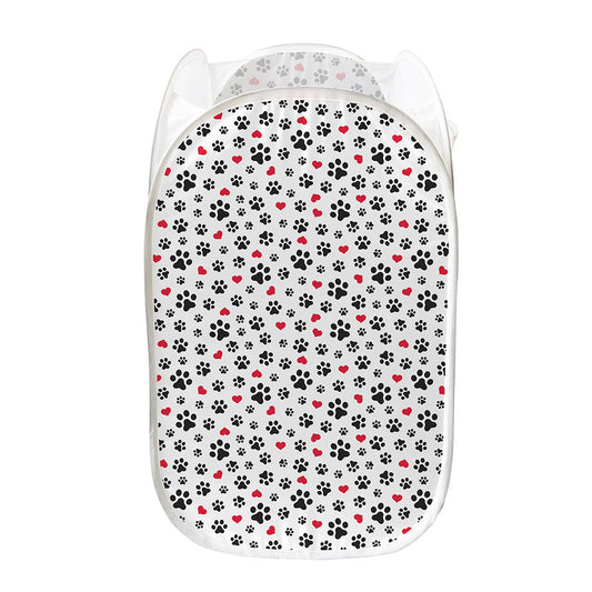 Black Paw And Heart Pattern Print Mesh Laundry Hamper