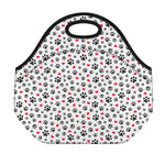 Black Paw And Heart Pattern Print Neoprene Lunch Bag