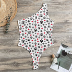 Black Paw And Heart Pattern Print One Shoulder Bodysuit